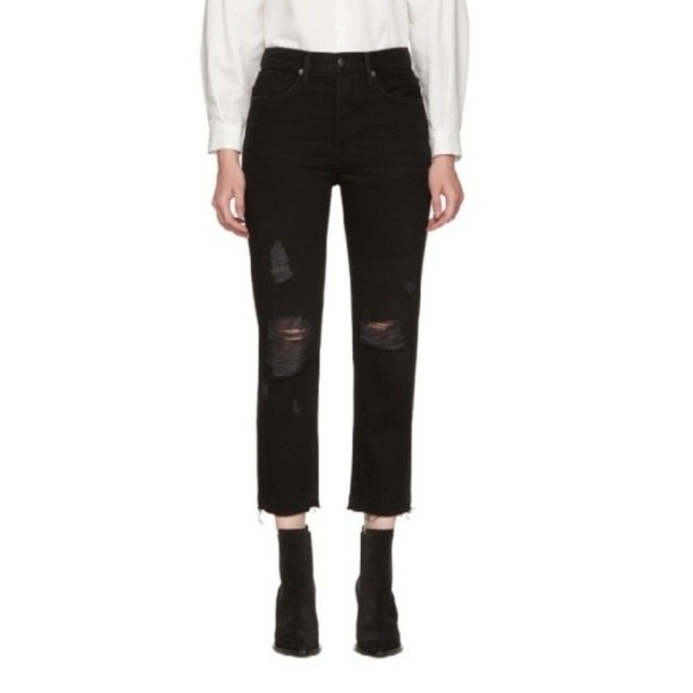 NEW Frame Cropped Distressed Black High Rise Jeans 31